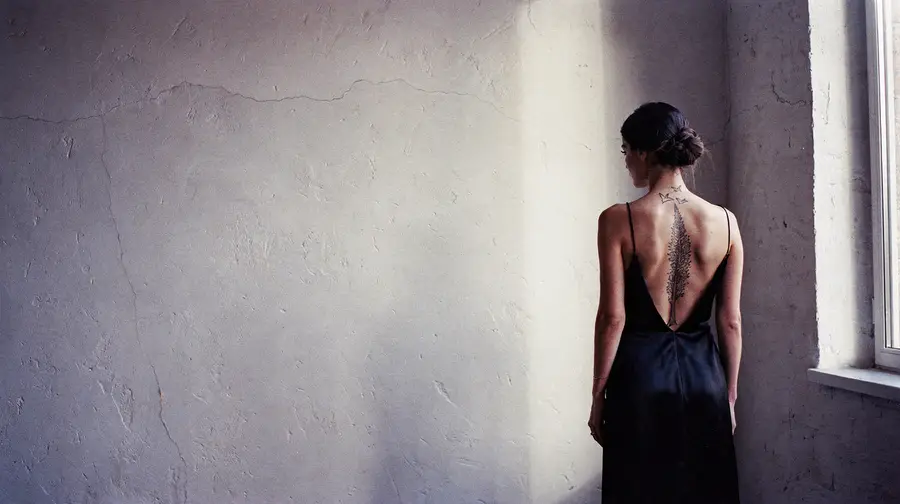 A woman in a black open-back dress by a window, a fine-line cypress tree and birds along her spine